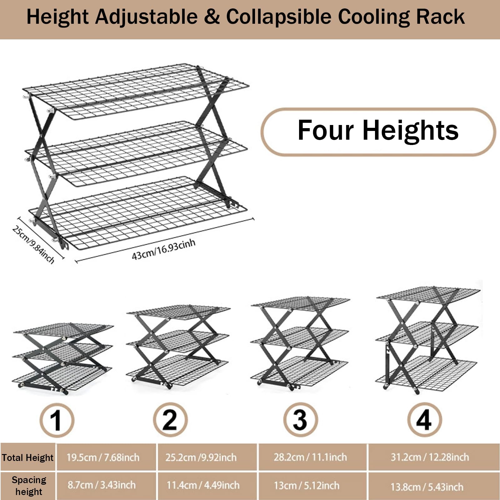 Grille de Refroidissement Pâtisserie, 3 Niveaux Grille Pâtisserie Pliable Gain de Place, Accessoire de Pâtisserie pour Gâteaux, Pain, Rôtissage Séchage, Four et Lave-Vaisselle Safe, Hauteur Réglable