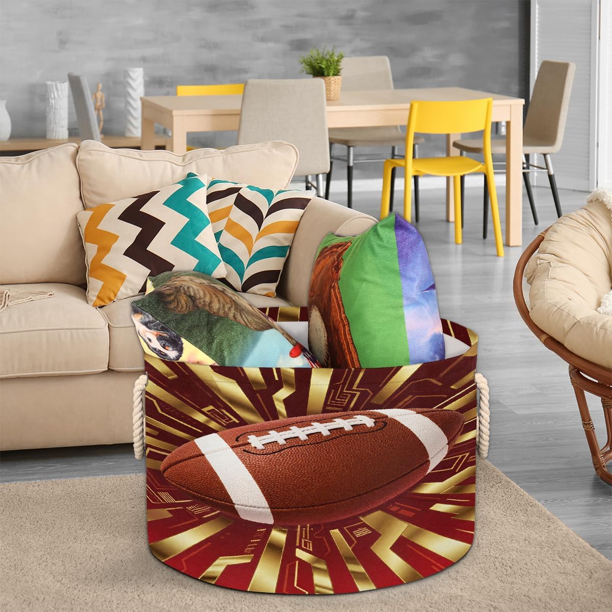 Large Storage Baskets - Red Gold Football Nursery Round Collapsible Organizer Bin Box, Laundry Hamper for Kids Toys, Blanket, Bedroom Living Room Home Decor, Gift Basket, 19.4"x13.3"