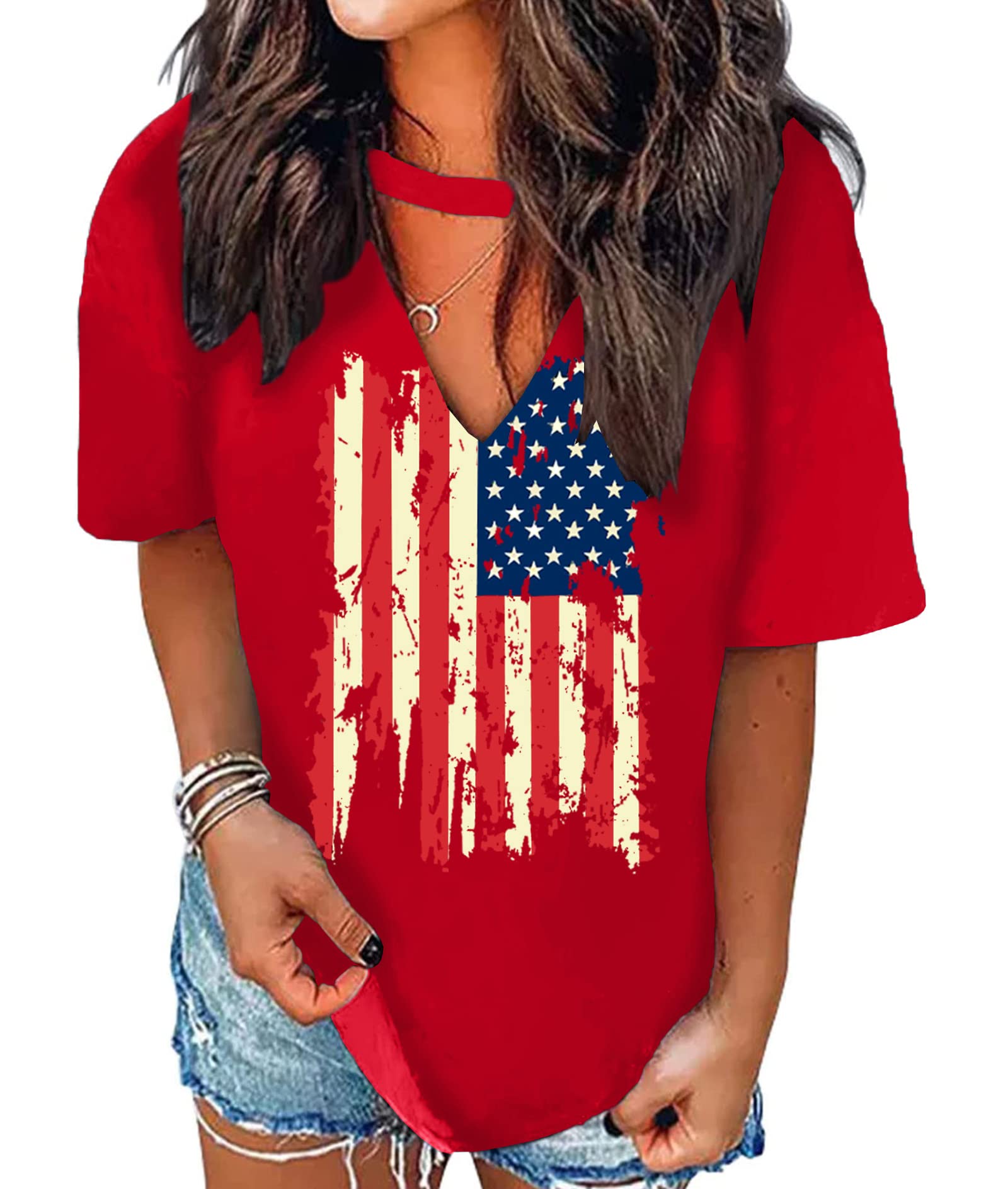 American Flag Shirt Tops Womens 4th of July T-Shirts Ring Hole Short Sleeve Sexy V-Neck Patriotic Tees