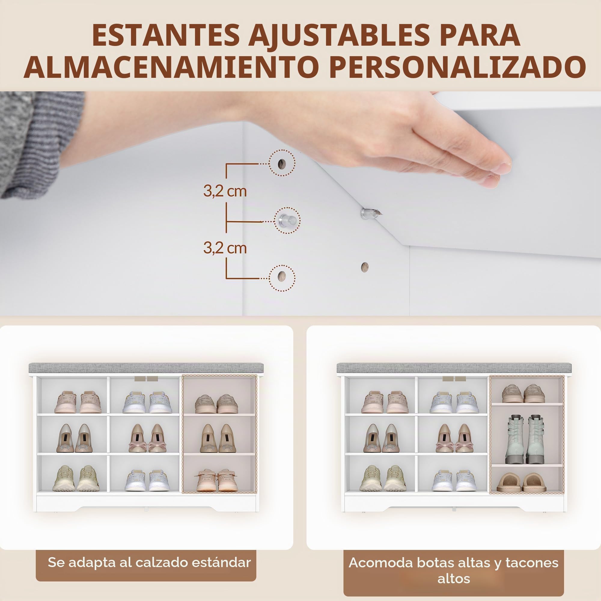 Banco Zapatero con Cojín, 80 x 34 x 55 cm, Blanco
