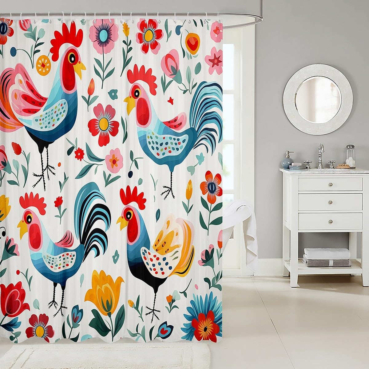 Kids Funny Chicken Waterproof Bathroom Curtain for Boys Girls Farmhouse Animal Shower Curtain 72x78,Rainbow Flower Bath Curtain Rustic Floral Flower Waterproof Fabric Country Wild Animal Room Decor