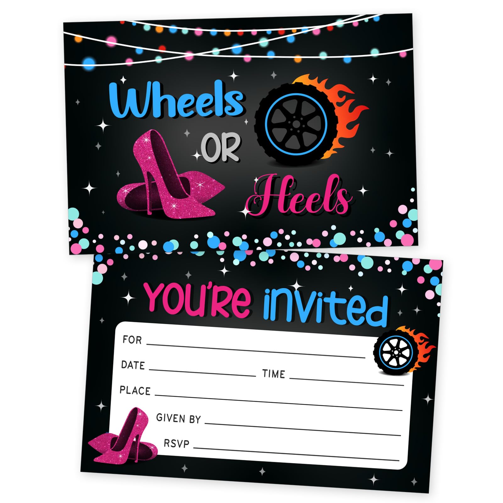 Embhhor Wheels or Heels Invitation Cards, Boy or Girl Gender Reveal Party, Welcome Baby Greeting Cards You're Invited He or She Party Supplies, Set of