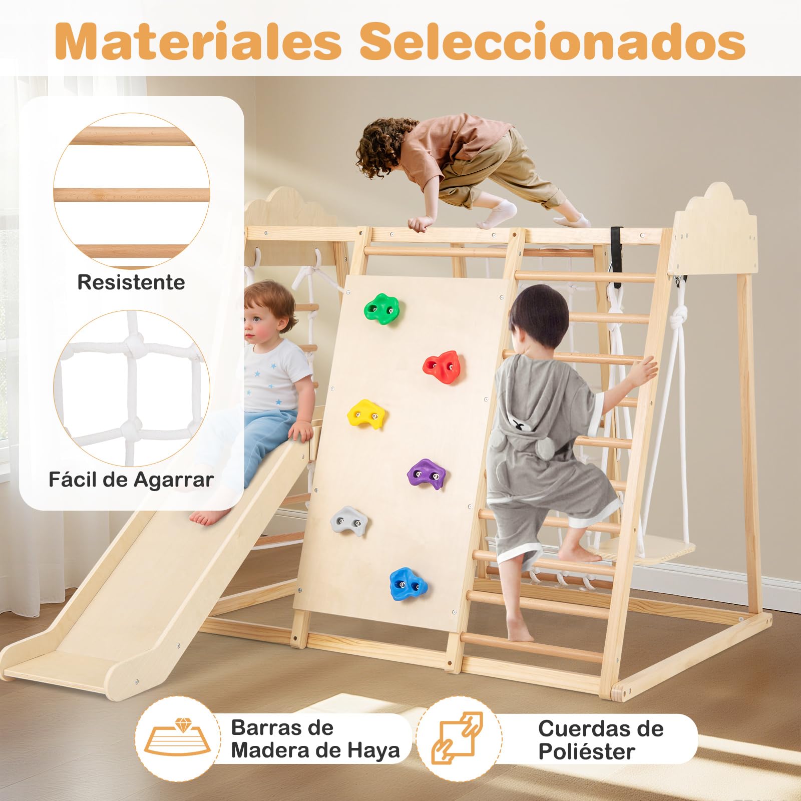 GOPLUS Estructura de Escalada Infantil de Madera 8 en 1, Triángulo para Niños con Tobogán, Escalera, Columpio y Barra, Centro de Actividades Montessori para Interiores, para Niños 3+ (Natural)