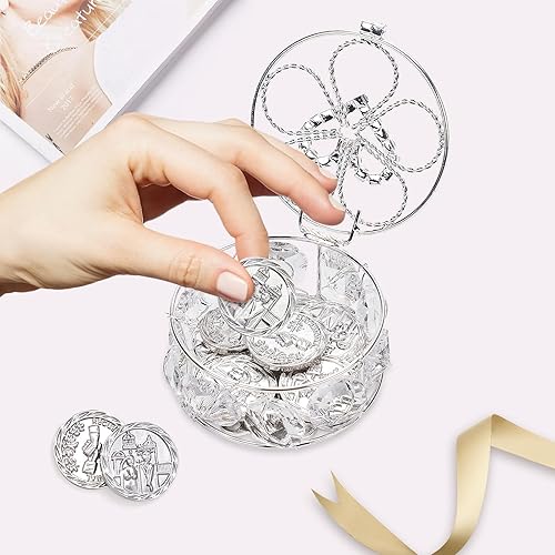 Miniatura 4 de Arras de Boda Católica, Arras para Boda Católica, caja de regalo de plata con 13 monedas de cristal decorativo de diamantes de imitación, Arras de