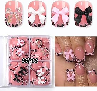 4packs 96Pcs Pink French Tip Press on Nails Shrot Square Fake Nails with Bow Desings Leopard French False Nails press ons Glossy Bow Charms Glue on Nails kit for Women Girls kid Manicure Decoration