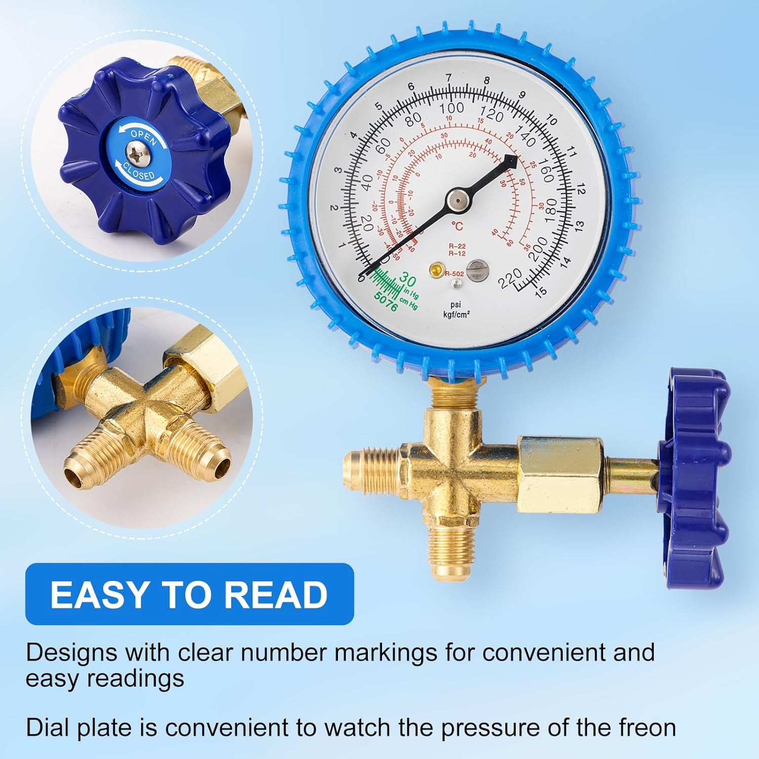 R410A Manifold Gauge, Air Conditioning Refrigerant Recharge Pressure Gauge, 1/4 Refrigerant Manifold Freon Gauges for R410A R22 R134A R404A 220 PSI