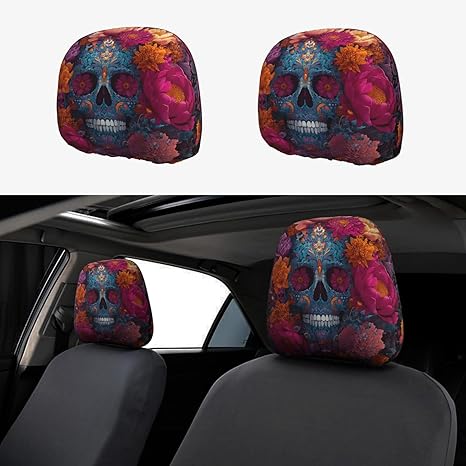 2PCS Car Headrest Covers Soft Elastic Seat Head Rest Cover Sugar skull flowers Headrest Covers for Cars Reusable Universal Car Accessories Funny Headrest Protector for Cars Sedans Vans Vehicles