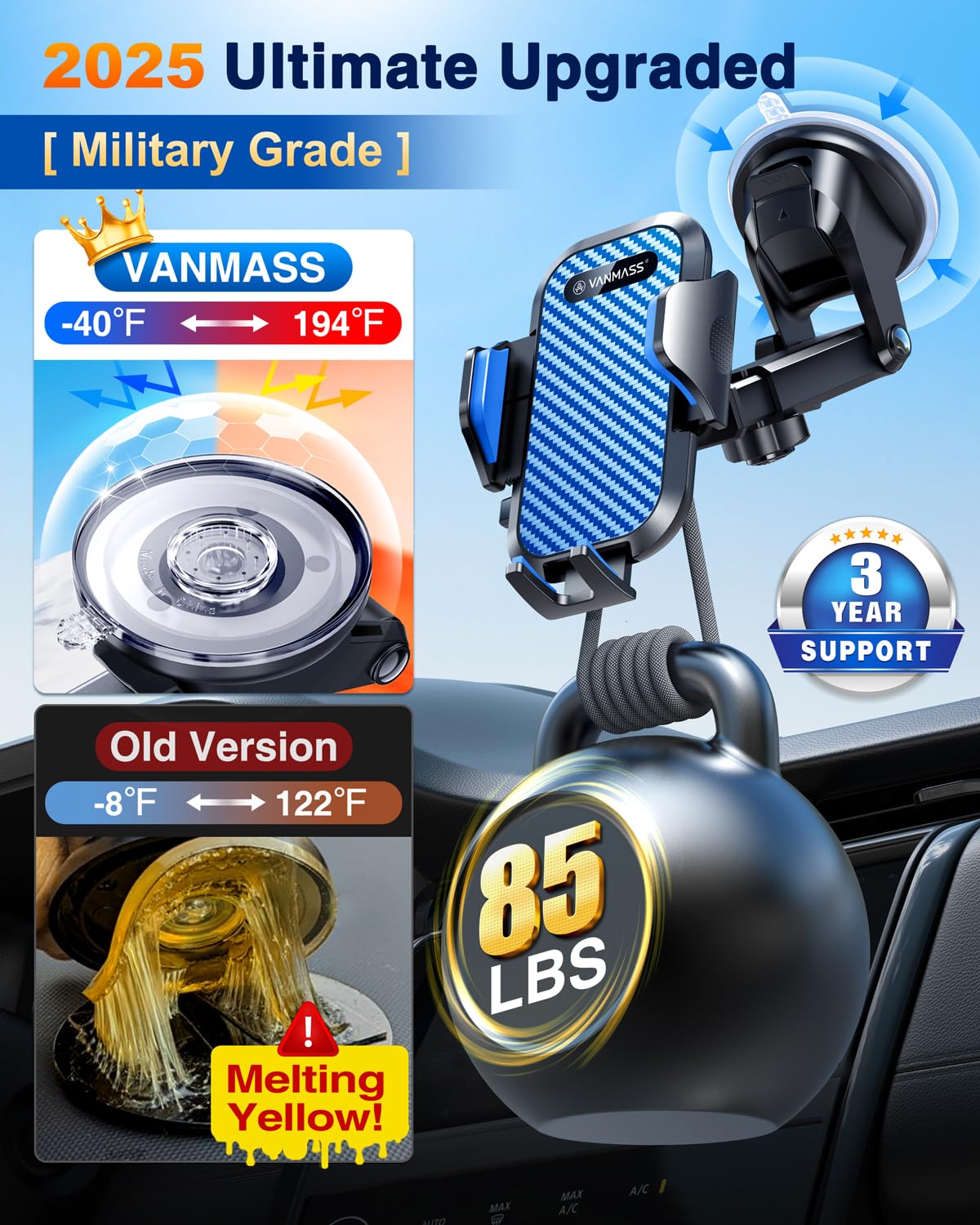 VANMASS Car Phone Holder 2026 Ultimate Military-Grade Phone Holder for Your Car Windshield Dashboard【Newest Best Strongest】 Cell Phone Car Mount with Patent & Safety Certs for iPhone Samsung Android: Blue
