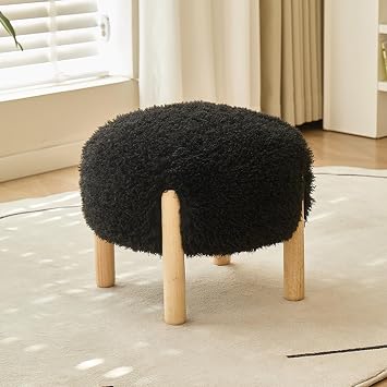 Small Round Ottoman with Cushion, Multi Use Footrest Shoe Changing Stool, Solid Wood Simple Plush Ottoman for Living Room, Office, Bedroom Black