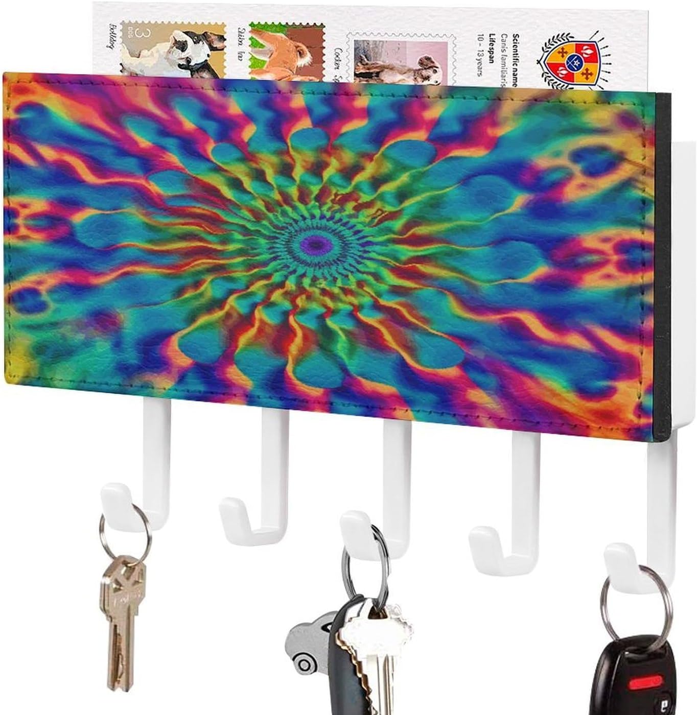 Key Holder Wall Mount Key Hanger with 5 Hooks, Decorative Key Rack | Color Tie-dye Hanging Key Hooks with Mail Organizer for Wall Living Room Kitchen Bathroom Hallway