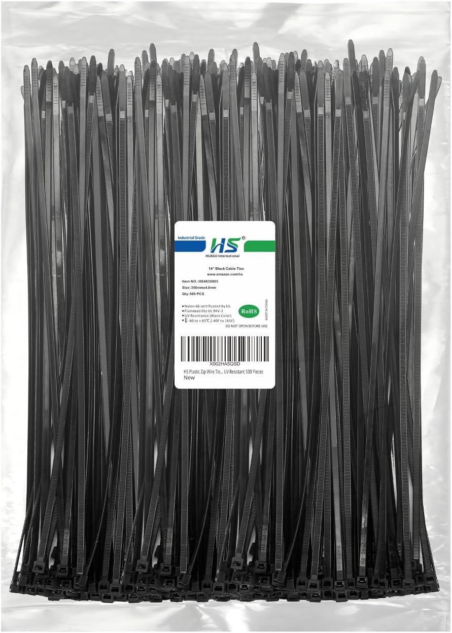 Plastic Zip Wire Ties Black Nylon Cable Zip Ties for Fencing Travel Outdoor Purpose, Cable Ties 14 Inch 50 LBS UV Resistant 500 Pieces