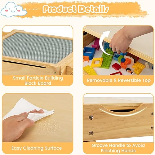 Miniatura 7 de HONEY JOY Mesa para niños, mesa de actividades de madera 2 en 1 con rollo de papel, mesa de bloques de construcción convertible, 3 compartimentos de