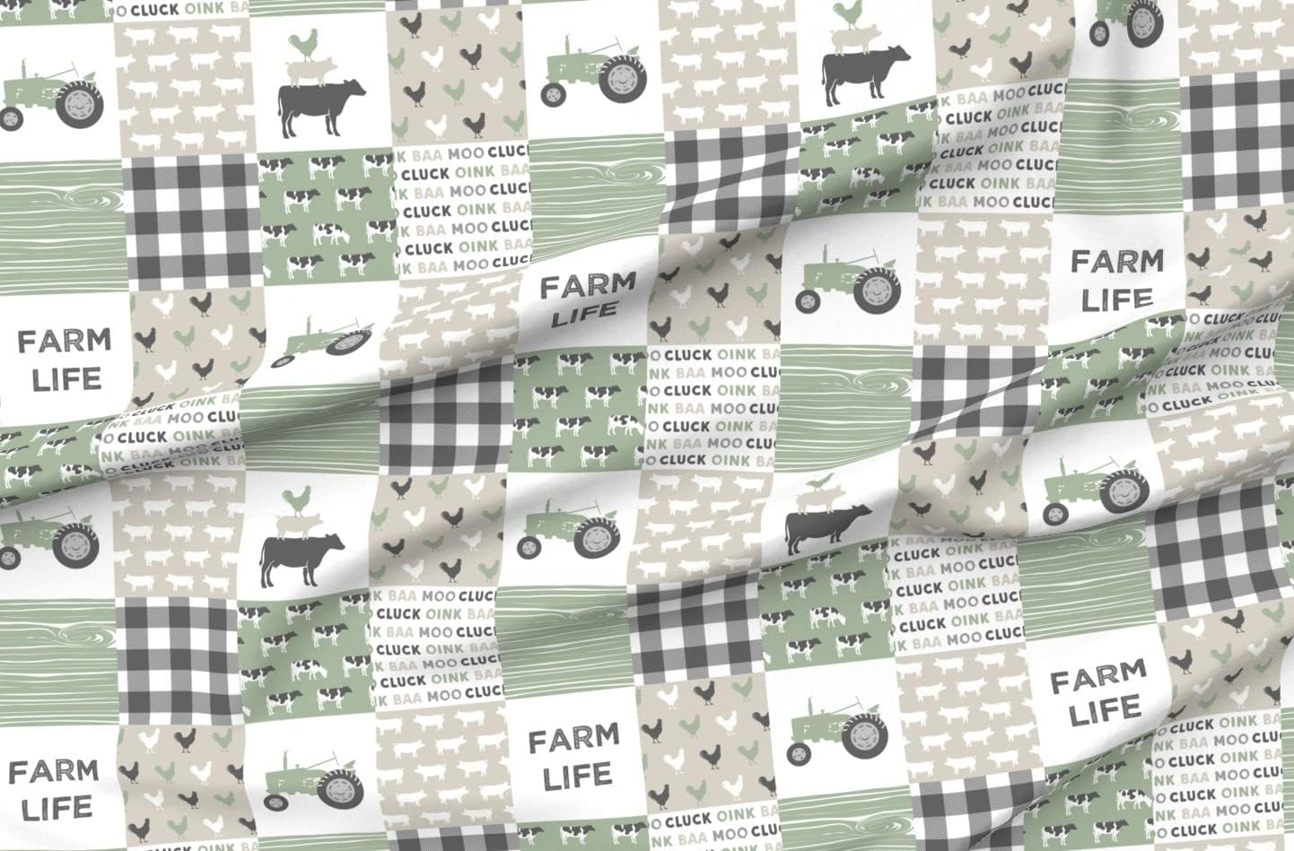 Spoonflower Fabric - Farm Wholecloth Cheater Quilt Top Themed Patchwork Cows Pigs Roosters Printed on Organic Cotton Sateen Fabric by The Yard - Sewing Quilting Apparel Home Decor