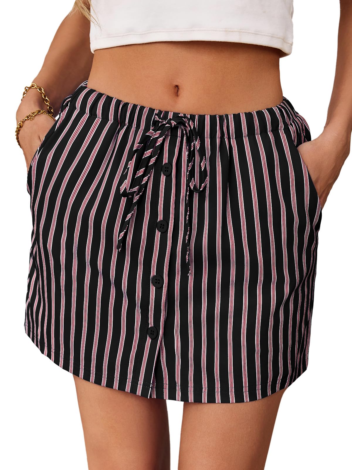 Fisoew Womens Summer Striped Mini Skirts Casual Drawstring Elastic Waist Button Cute Y2K Skorts Shorts Black
