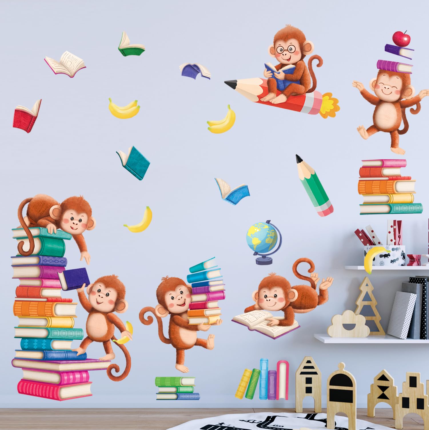 DECOWALL SG2-2402 Books with Reading Monkey Wall Stickers Book Inspirational Decals Removable for Kids Baby Library Classroom Nursery School Bedroom Playroom Living Room décor - Image 2