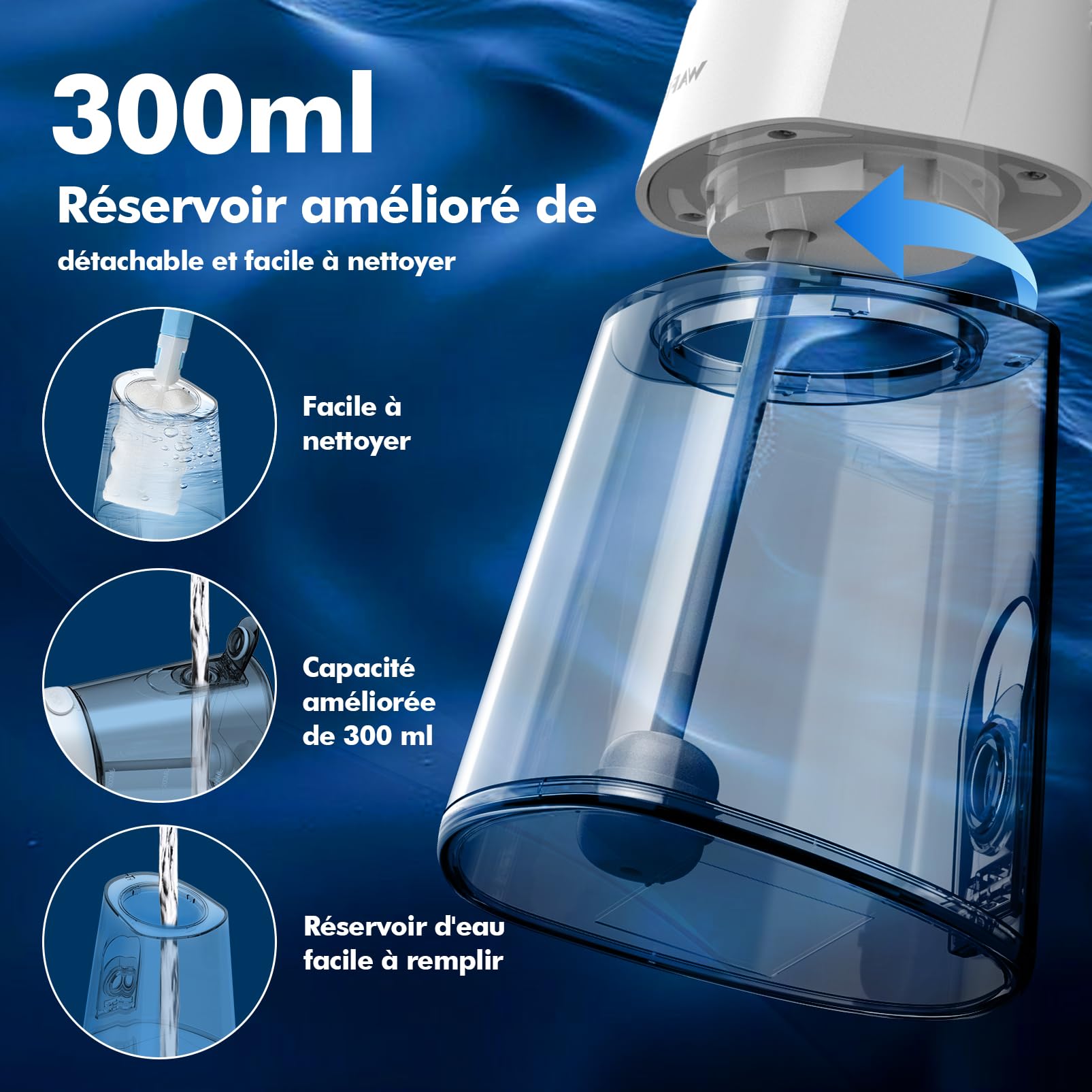 Jet Dentaire Hydropulseur, avec 4 Embouts Jet, Réservoir 300ML, Irrigateur Oral Portable avec 4 Modes, Étanchéité IPX7, Rechargeable, Nettoyage Dentaire pour Adultes à Domicile et en Voyage
