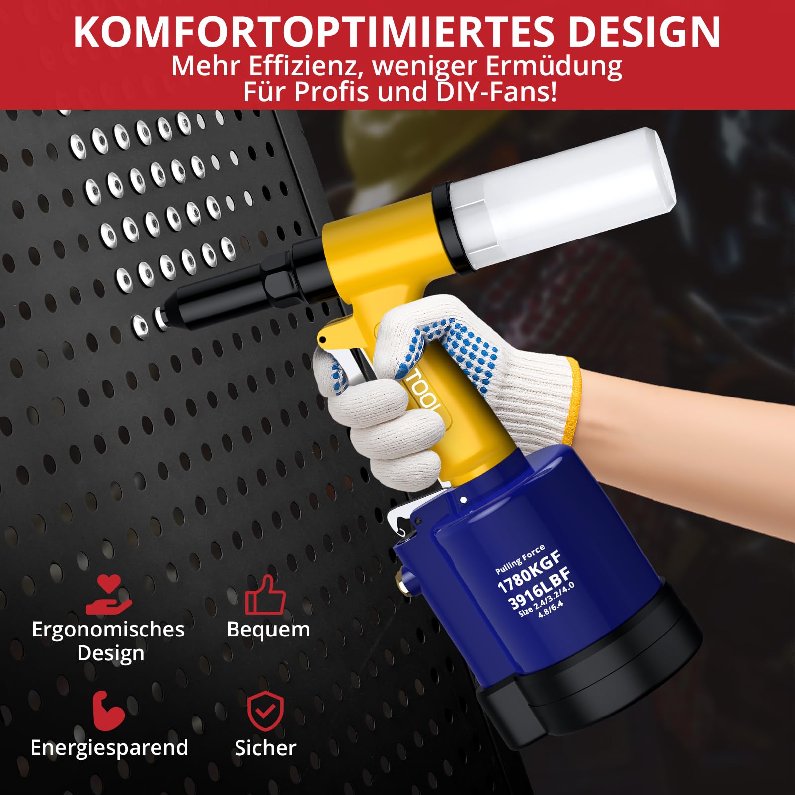 JUSTOOL Pneumatische Lufthydraulische Nietzange Pneumatische Nietzange 1408KGF, 5 Spezifikationen (2,4mm, 3,2mm, 4,0mm, 4,8mm, 6,4mm) Europäische Schnittstelle Ersatzkrallen, Für Auto, Garage und DIY