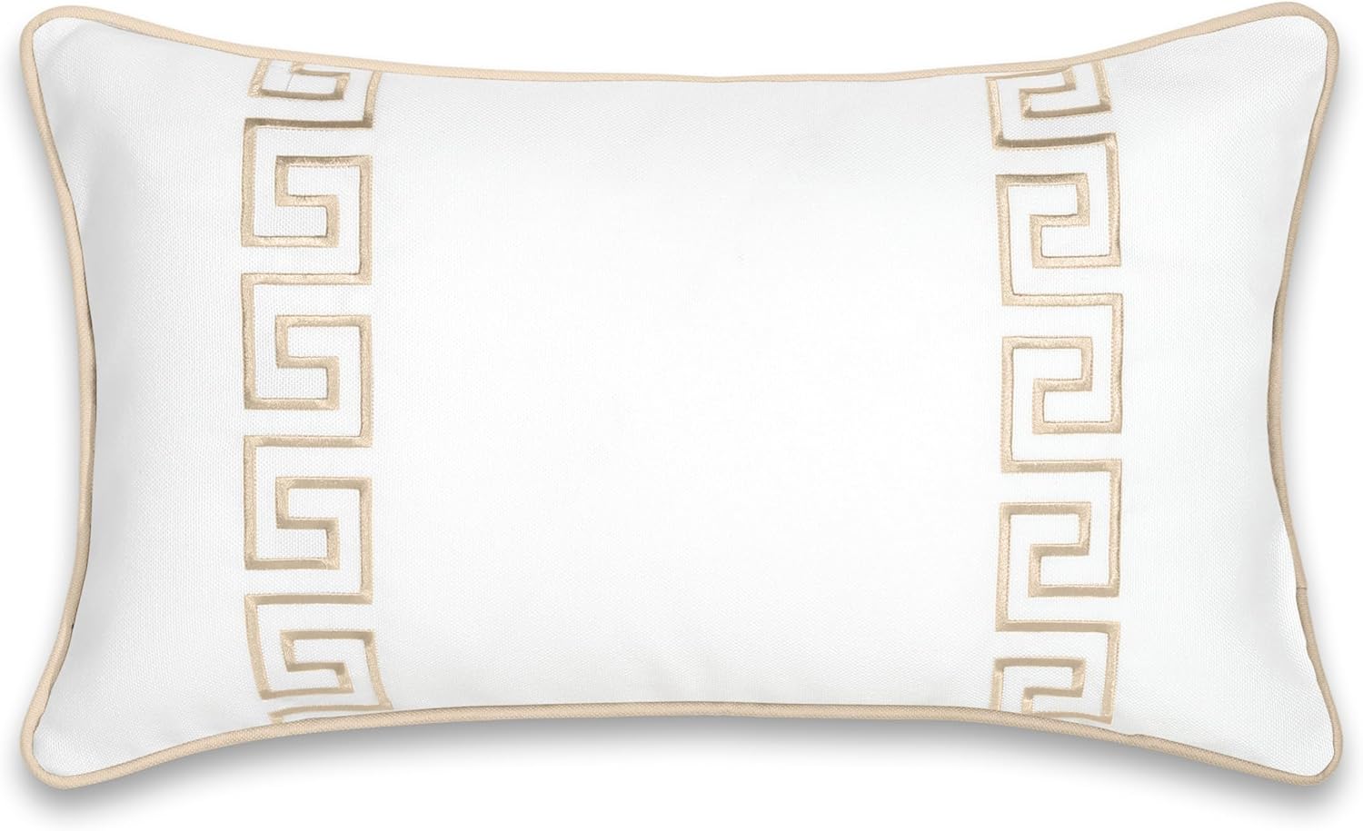 Hofdeco Premium Coastal Patio Indoor Outdoor Lumbar Pillow Cover Only, 12"x20" Water Repellent for Backyard, Couch, Neutral Tan Embroidered Greek Key with Piping
