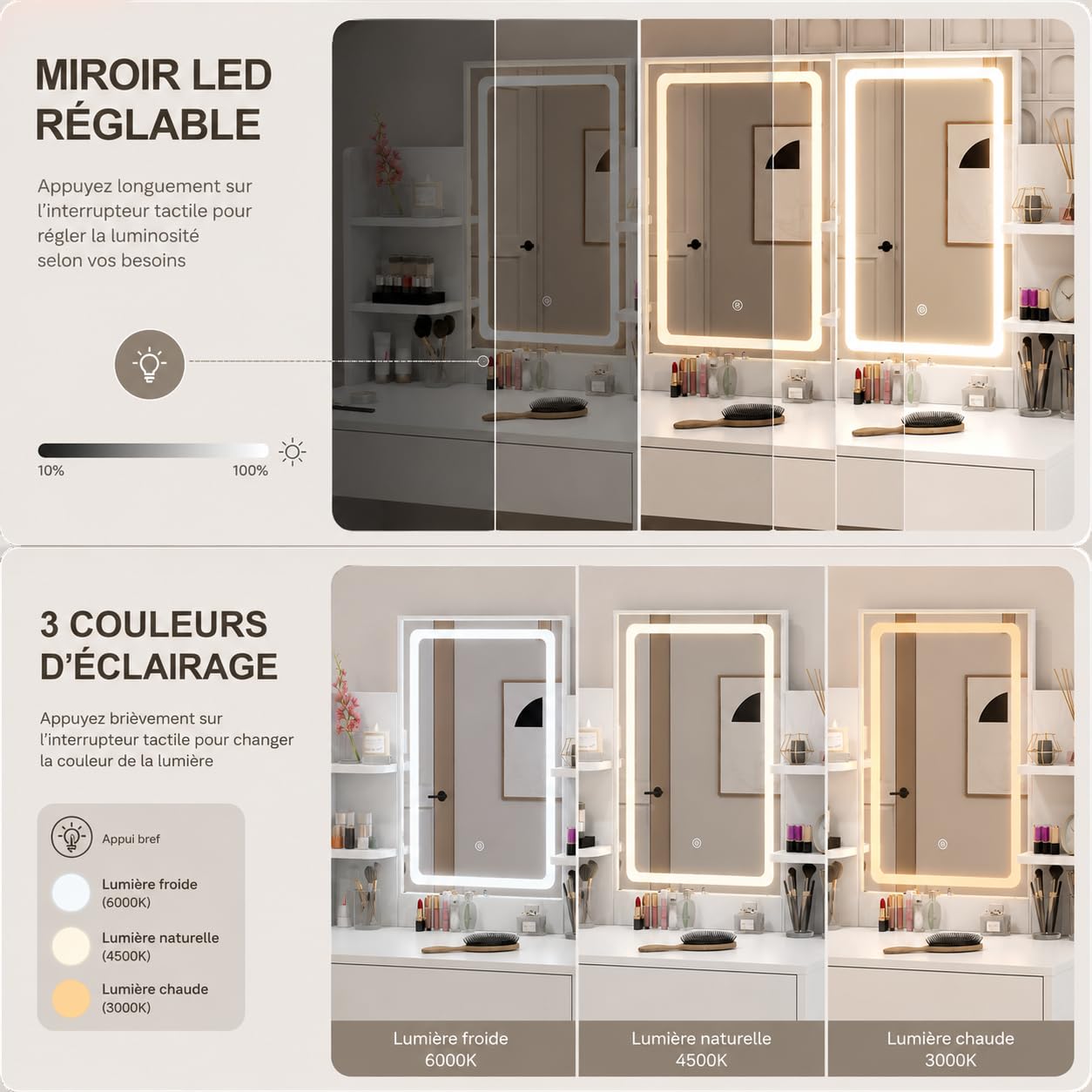 Coiffeuse avec Miroir et Tabouret - LED 3 Couleurs - Grand Rangement 4 Étagères + Tiroir - Bureau Maquillage Blanc Moderne - Éclairage Professionnel Réglable