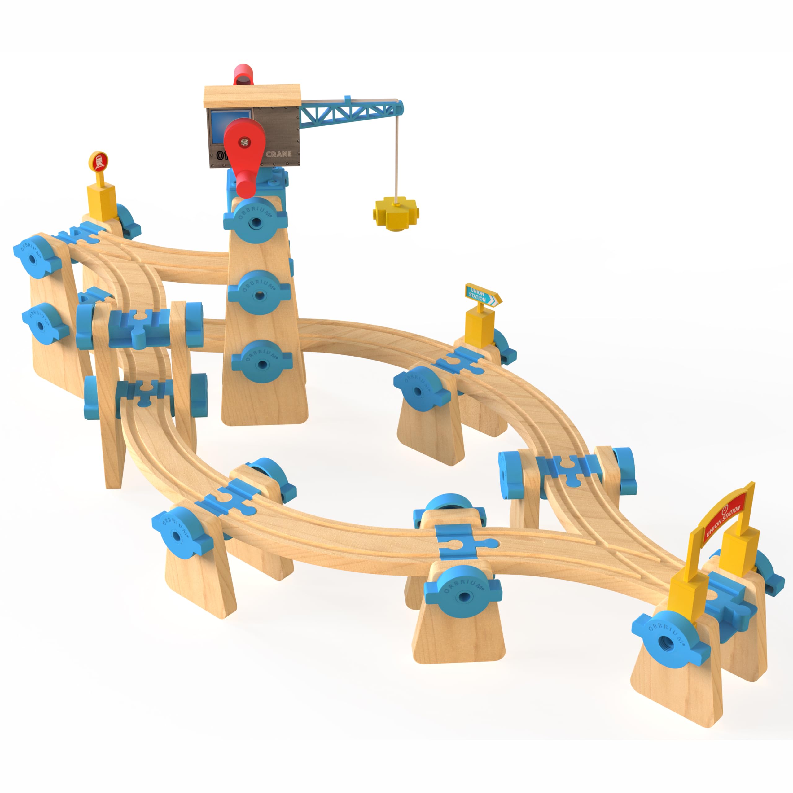 ORBRIUM 115 Pcs Build & Play Ultimate Elevated Wooden Railway Construction Set Expansion Pack #3 with Wooden Train Tracks, Crane, Ascending Tracks, Compatible with Thomas, Brio, IKEA, Melissa & Doug