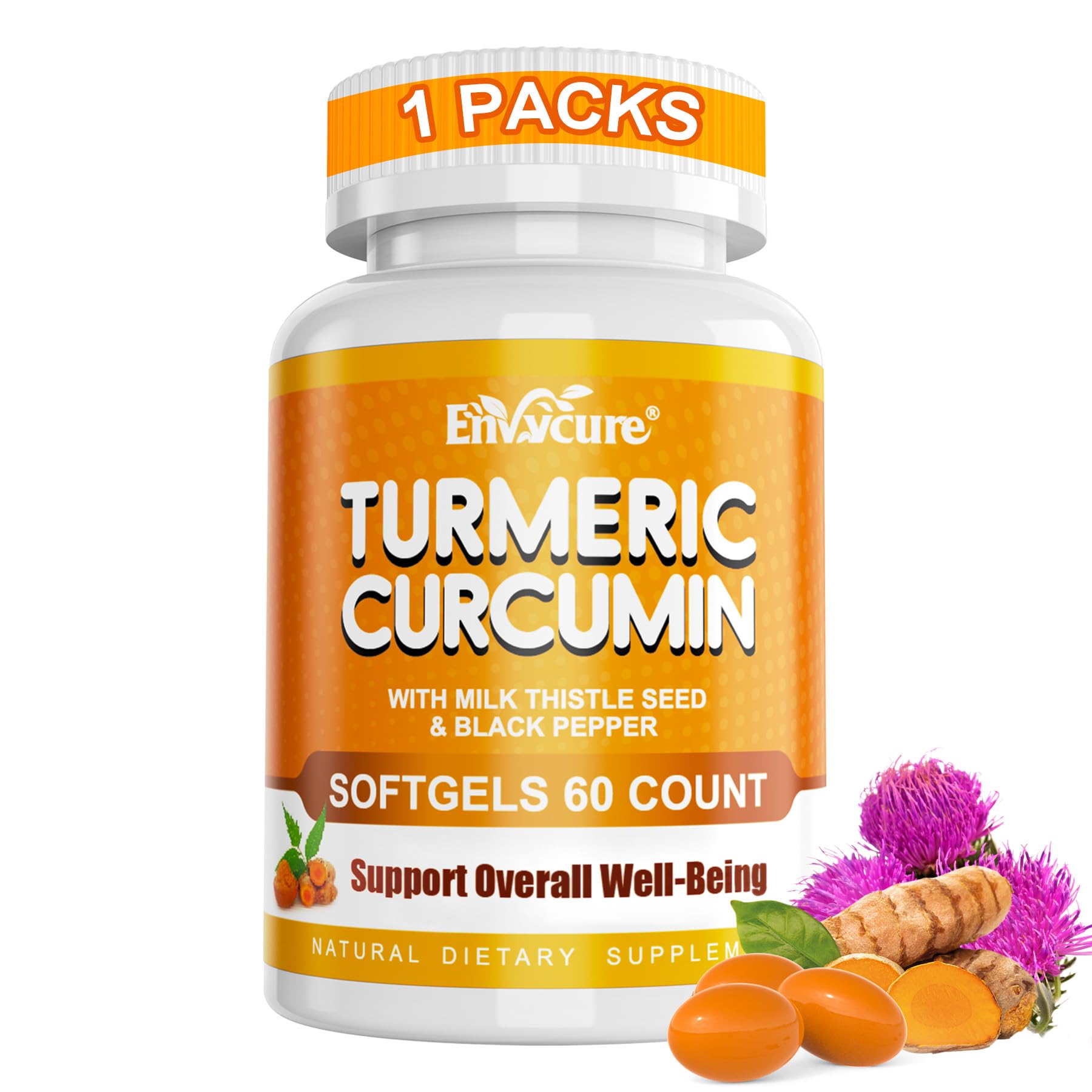 Turmeric Curcumin 2000mg Softgels with Milk Thistle, Ginger, Black Pepper 60 Count (Pack of 1)