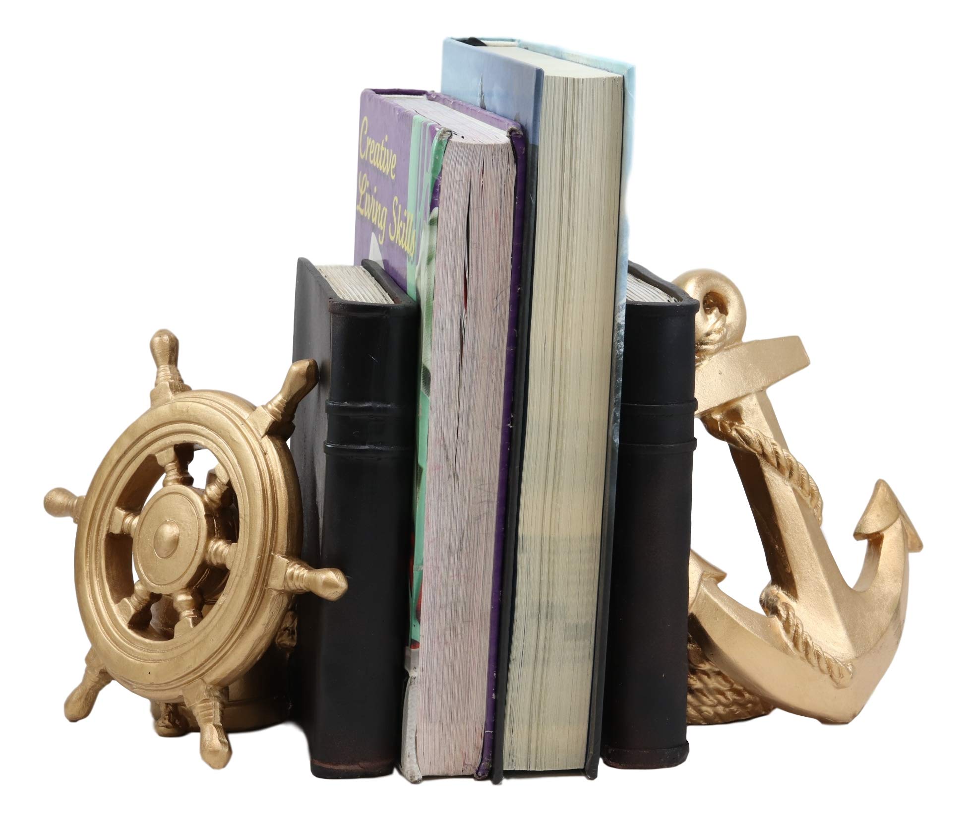 Ebros Nautical Coastal Marine Home Decor Ship Anchor and Captain's Helm Wheel Bookends Pair Set Statue 7.5