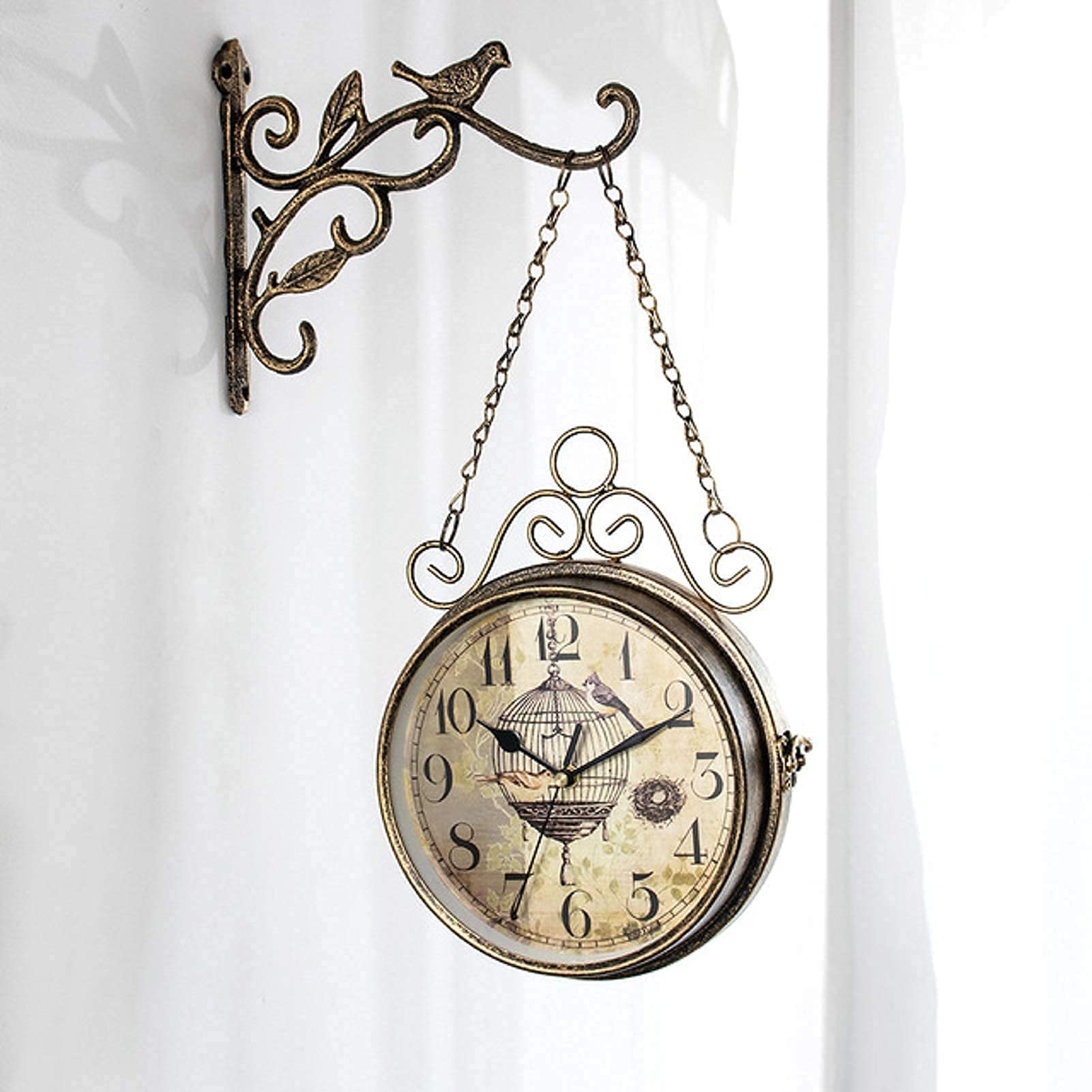 CKKNILV Retro Metal Double Sided Wall Clock Silent Double Sided Station Clock Battery Operated Decorative Hanging Clock for Indoor Outdoor and Courtyard Garden