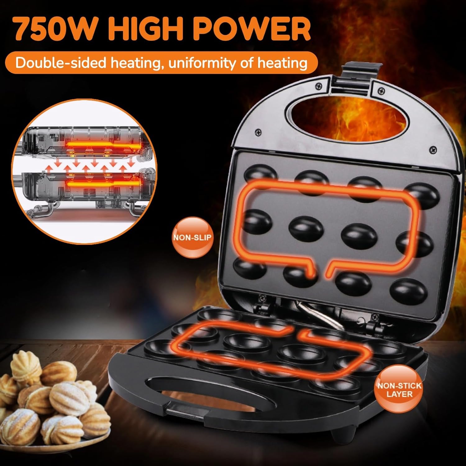 Walnut Cookie Maker 12 Holes, Electric Walnut Cake Mold Maker, Non Stick Oreshki Cookies Maker, Double-side Heating Mini Nut Cookies Maker Machine Oven Cookies Baker Machine