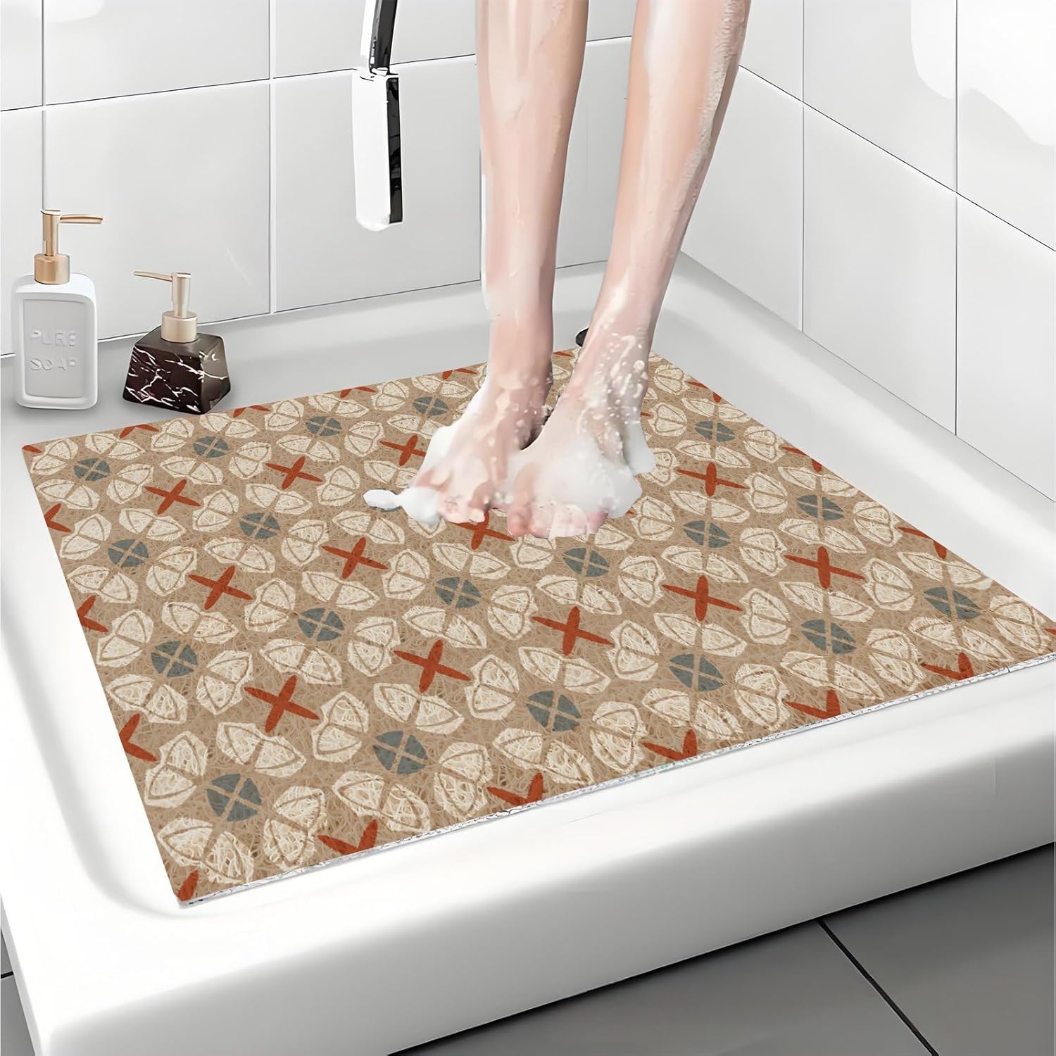 Non-Slip Bathtub Mat 2.6'x2.6', Shower Mats for Bath Tub, PVC Loofah Bathroom Mats for Wet Areas, Quick Drying Foot Scrubber Mat Clay Cross
