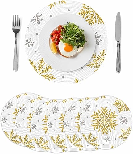 Miniatura 1 de Juego de 6 manteles individuales redondos de Navidad, diseño abstracto de copo de nieve, lavables, tejidos, para mesas de comedor, cocina,