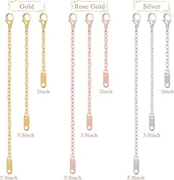 9 Pcs Necklace Extender, Chain Extenders for Necklaces, Delicate Stainless Steel Jewelry Chain Extenders for Bracelet Anklet Necklace (Gold/Silver/Rose Gold, 5/10/15cm)