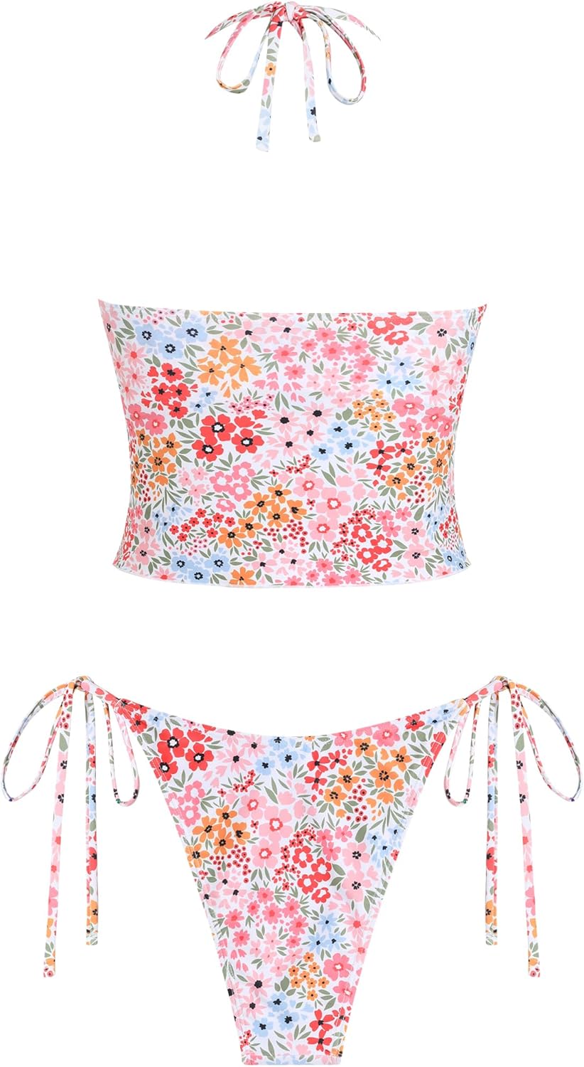 ZAFUL Floral Twist Bikini Set for Women Halter Tankini Tie Side String Swimsuit Two Piece Bathing Suit - Image 4