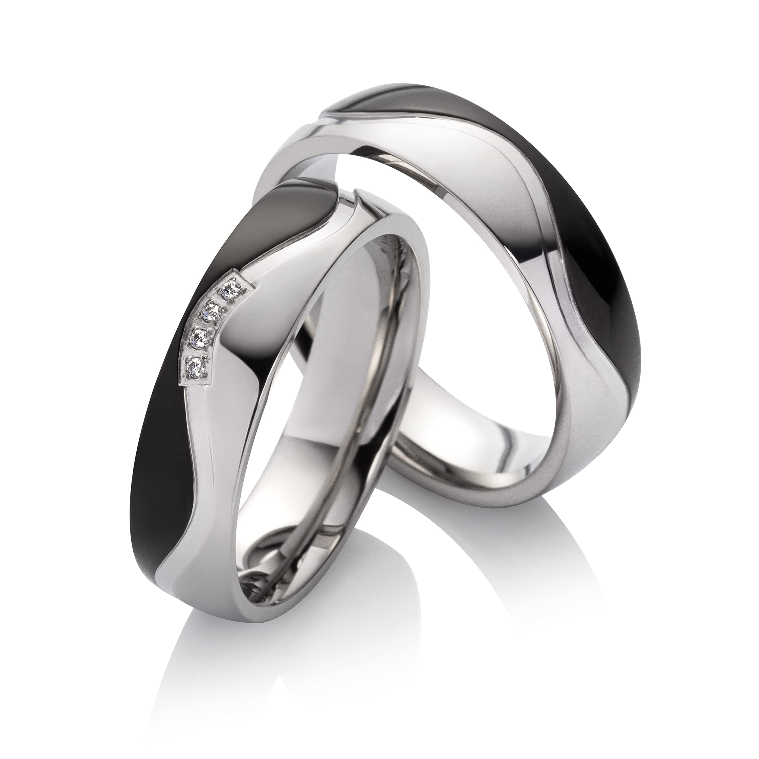 Paar Partnerringe & Eheringe aus Edelstahl – 6 mm Ringpaar schwarz beschichtet mit 4 Zirkonia, Trauringe für Sie und Ihn mit Gravur und Etui | 8014