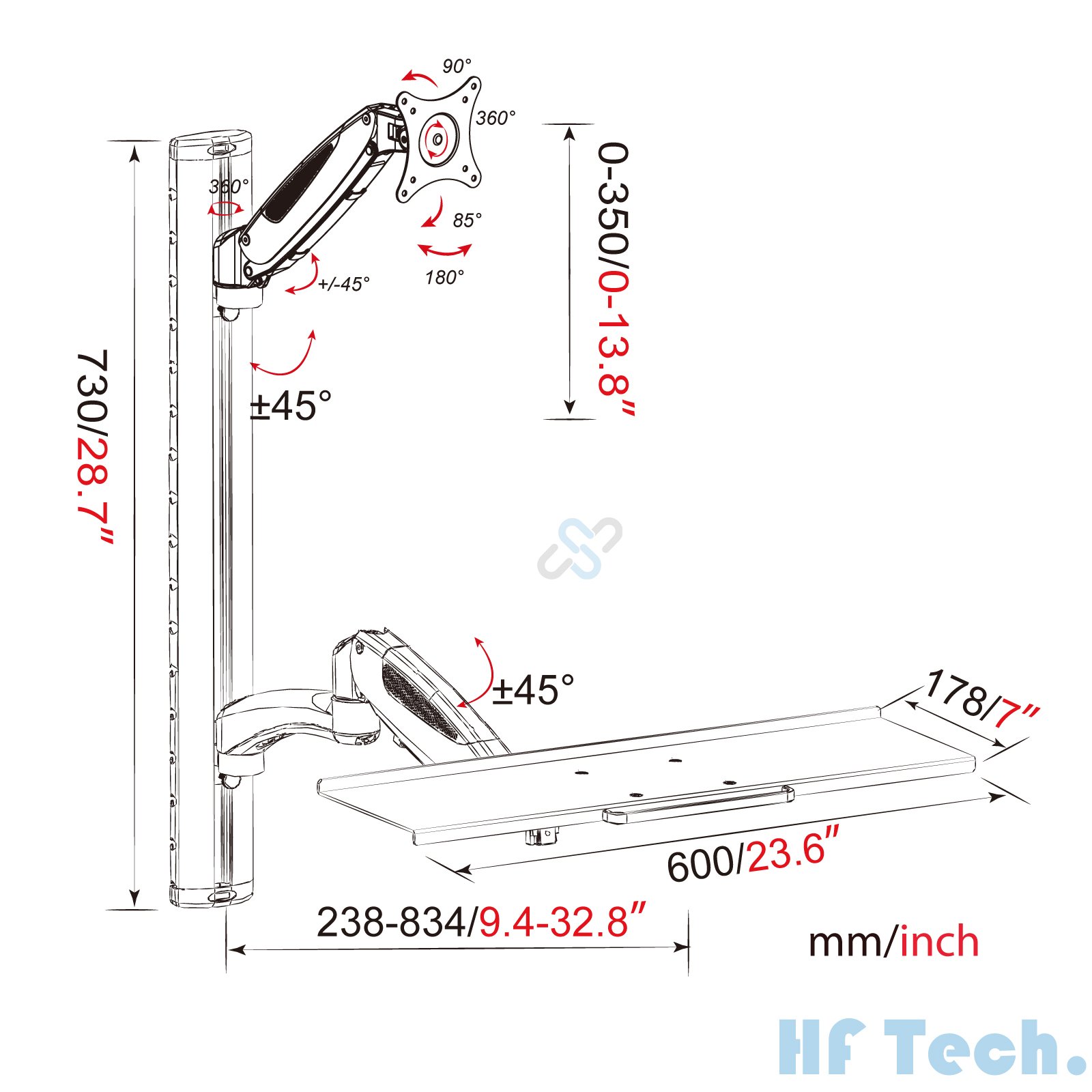 HFTEK FY02WS Workfit Workstation Sit & Stand Supporto per Monitor supporto da parete inclinazione e rotazione fino a 34 pollici con VESA 75/100
