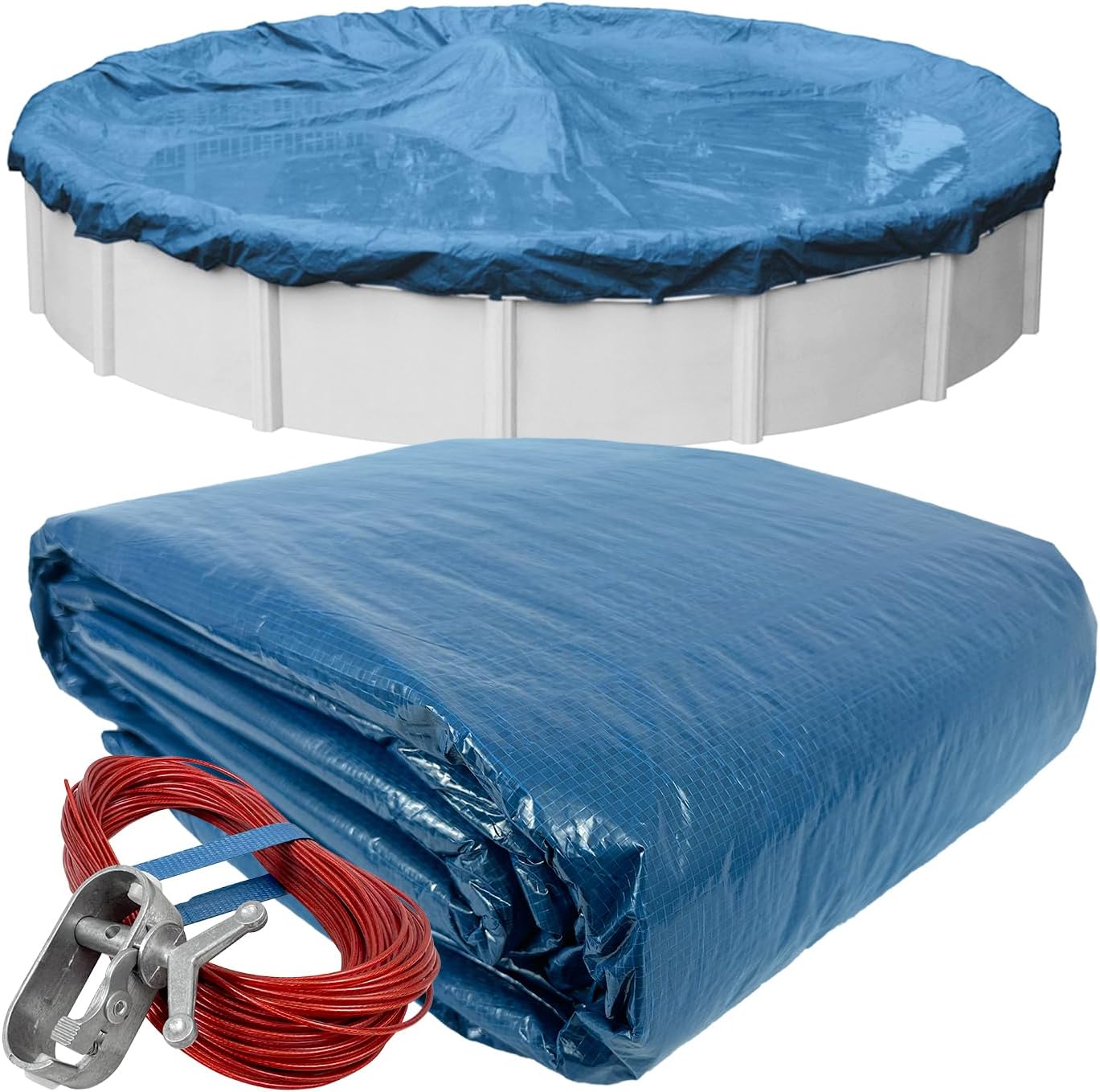 Robelle 24 ft Heavy Duty Blue Winter Pool Cover for Above Ground Pools, 4 ft Overlap (28 ft Cover Size), Solid 8 x 8 Scrim, 2.36 oz/yd2, 10-Year Warranty, Style: 3524-4
