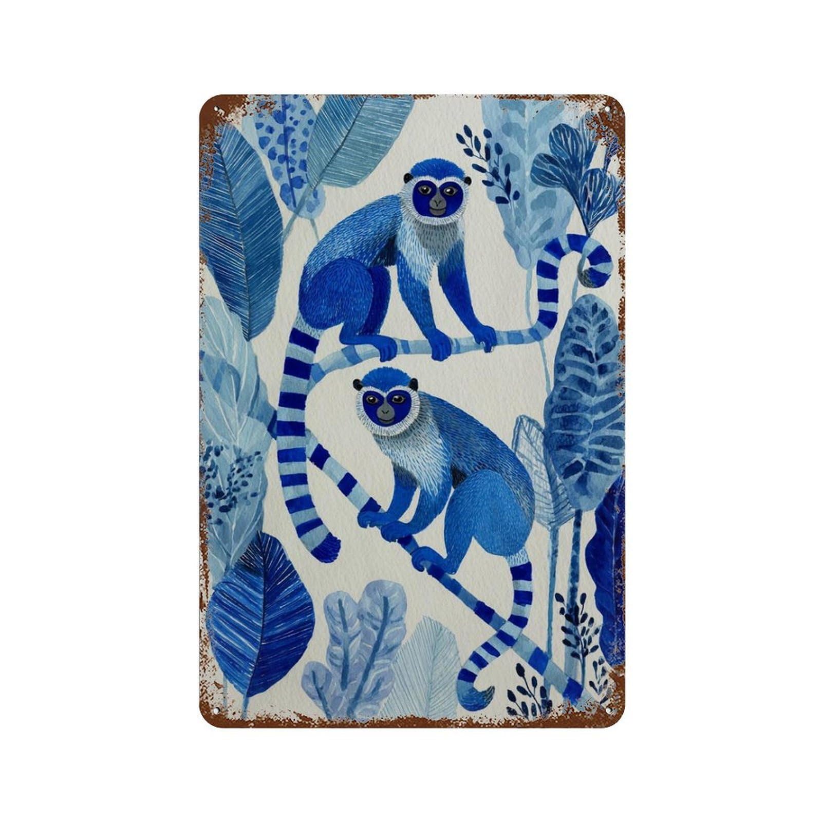xiaoxiaoshen Blue Monkey Jungle Watercolor Tropical Botanical Nursery Wall Decor Art Metal Tin Poster Modern Home Decor Art Home Bar Shop Decorations Vintage Sign 30x20cm
