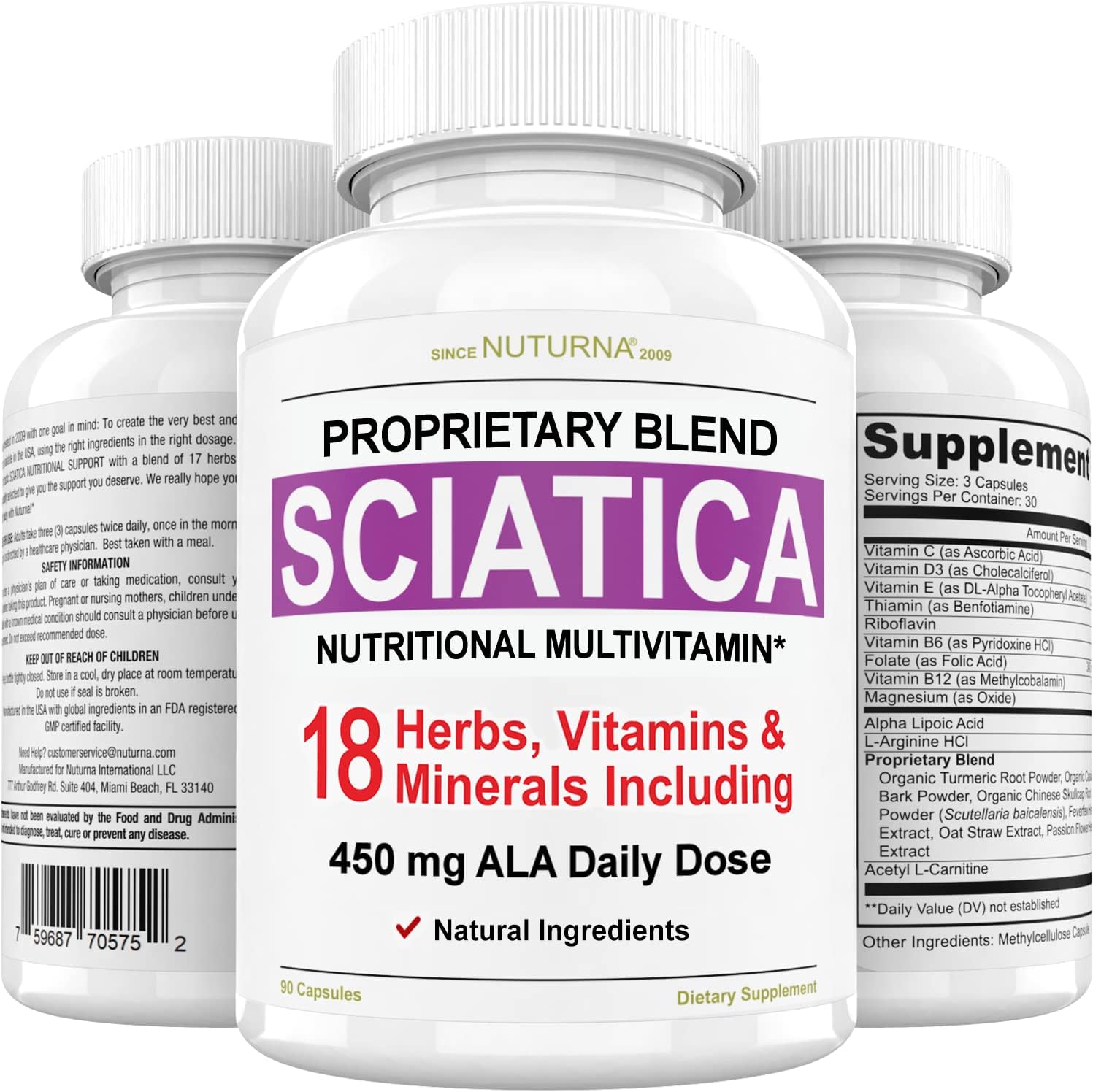Sciaturna Nerve Nutritional Blend with 450 mg Alpha Lipoic Acid - Natural Vitamins for Lower Lumbar, Back, Hip, Thigh, Leg, Foot - 90 Capsules