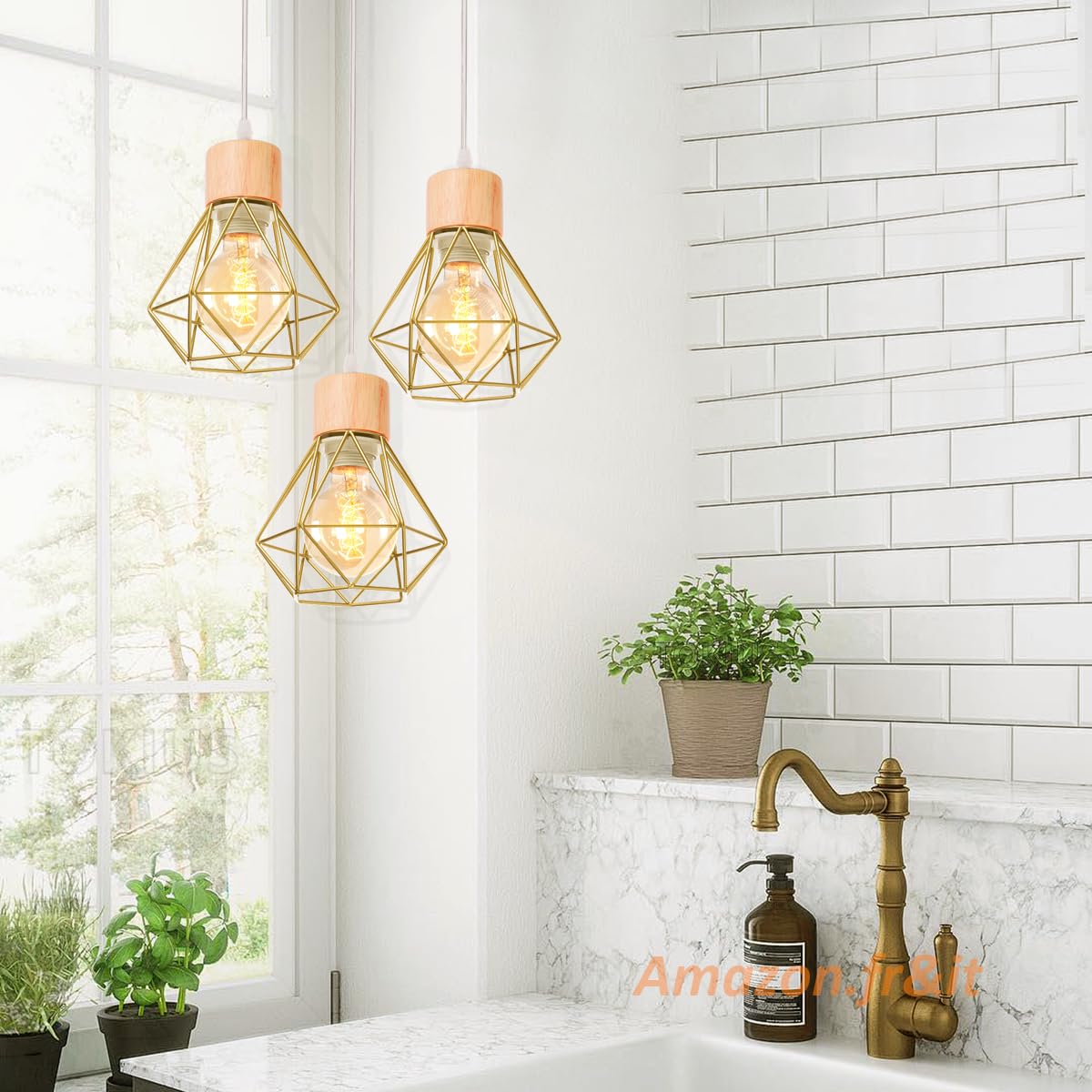 3 luci Lampada a Sospensione Industriale E27 Plafoniera Retro in Metallo e Legno Ø160mm Lampada da soffitto Gabbia Diamanti Oro Design per Cucina Salotto