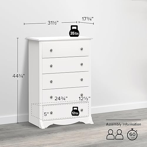 Miniatura 3 de Prepac - Cajonera Monterey de 5 cajones para dormitorio, 41 cm de profundidad x 80 cm de ancho x 115 cm de alto, color blanco