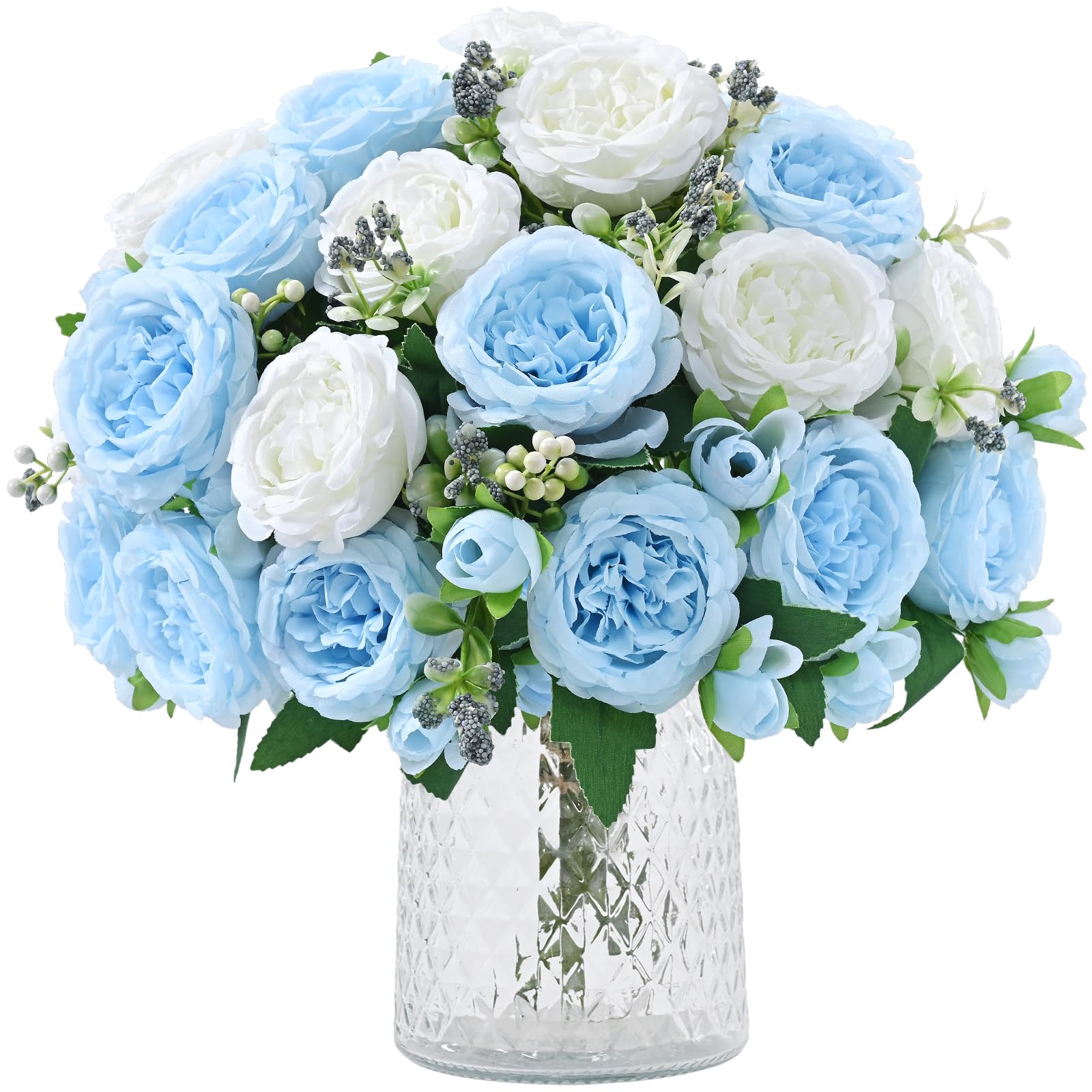 4 Packs Peonies Artificial Flowers Mixed White Blue Silk Artificial Peonies | Fake Peonies Artificial Peony Flower Bouquets for Centerpiece Table Wedding Party Home Decor Mixed White Blue 4PCS