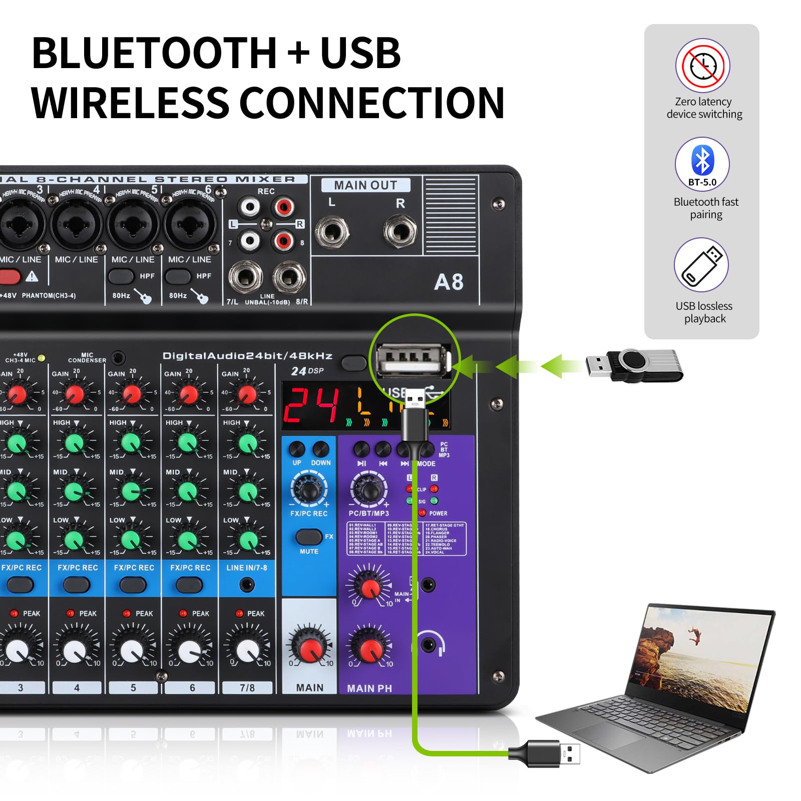 XTUGA A8 Audio-Mischpult, 8 Kanäle, mit USB-Mischpult, Bluetooth-Audio-Mixer und 48 V Phantomspeisung, Rückschleifenfunktion, ideal für Shows und Meetings