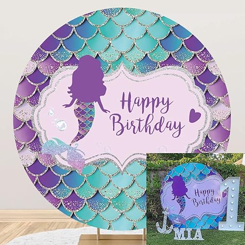 Miniatura 2 de Laeacco Telón de fondo redondo de cumpleaños de sirena, 7 x 7 pies, poliéster degradado de escamas verdes, fondo de fotografía de cumpleaños,