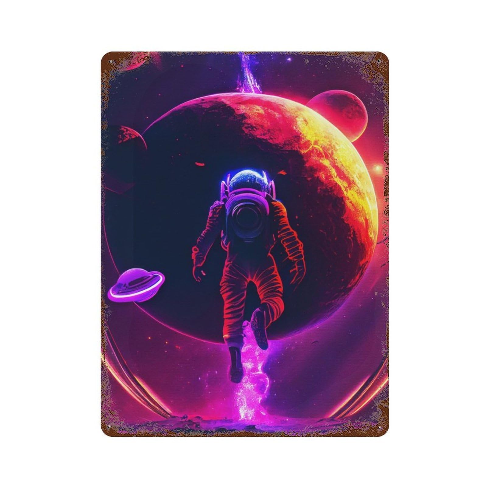 Neon Flying Astronomy Decorative Tin Sign 15.7"x11.8", Retro Wall Decor for Living Room, Hallway And Home Decor