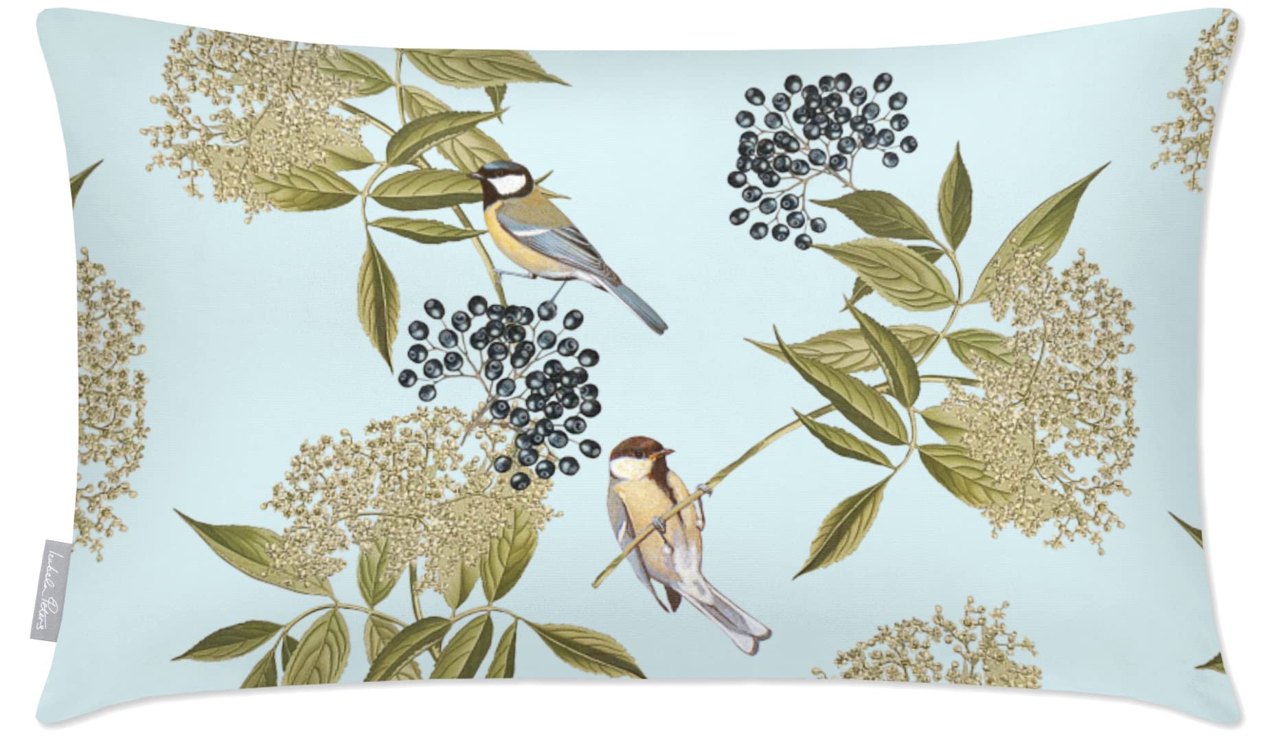Izabela Peters Bird On Elderflower - Duck Egg Blue Outdoor Cushions - Waterproof, 50 X 30 Cm, Filled, Garden & Chair Cushions