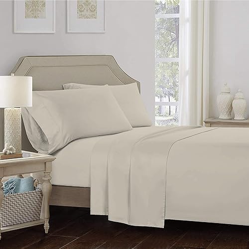 Miniatura 2 de Color Sense Juego de sábanas de 4 piezas de percal de hotel de 100 % algodón, tamaño King, color beige, sábanas refrescantes para personas que