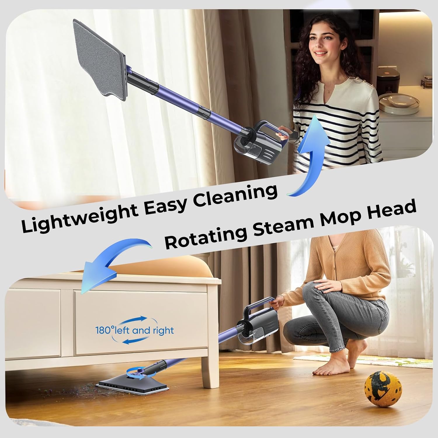 Steam Mops for Floor Cleaning, 6-in-1 Multi Accessories, 23FT Power Cable, Lightweight,Detachable Steam Mops for sealed Hard Floors, Marble, Stone, Hardwood(pale purple)