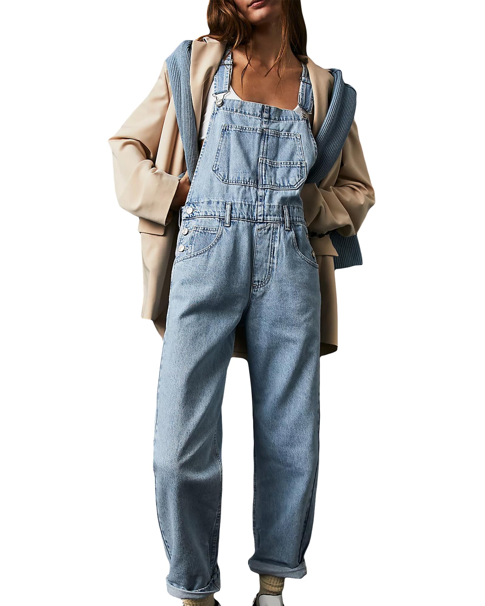 Felcia Klassischer Denim-Overall für Damen, lockere Passform, gerades Bein, verstellbarer Riemen, Strapsanzug, lässig, Jeans, Latzhose