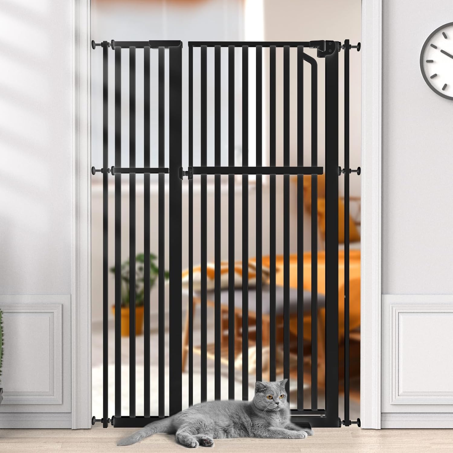 Senneny 63' Extra Tall Cat Gate Auto Close & One-Hand Open, Includes Extension Kit, No Drilling Pressure Mounted & Wall Mounted Kits, Metal Pet Gate Fits Openings 37.4' to 41.3' Wide, Black