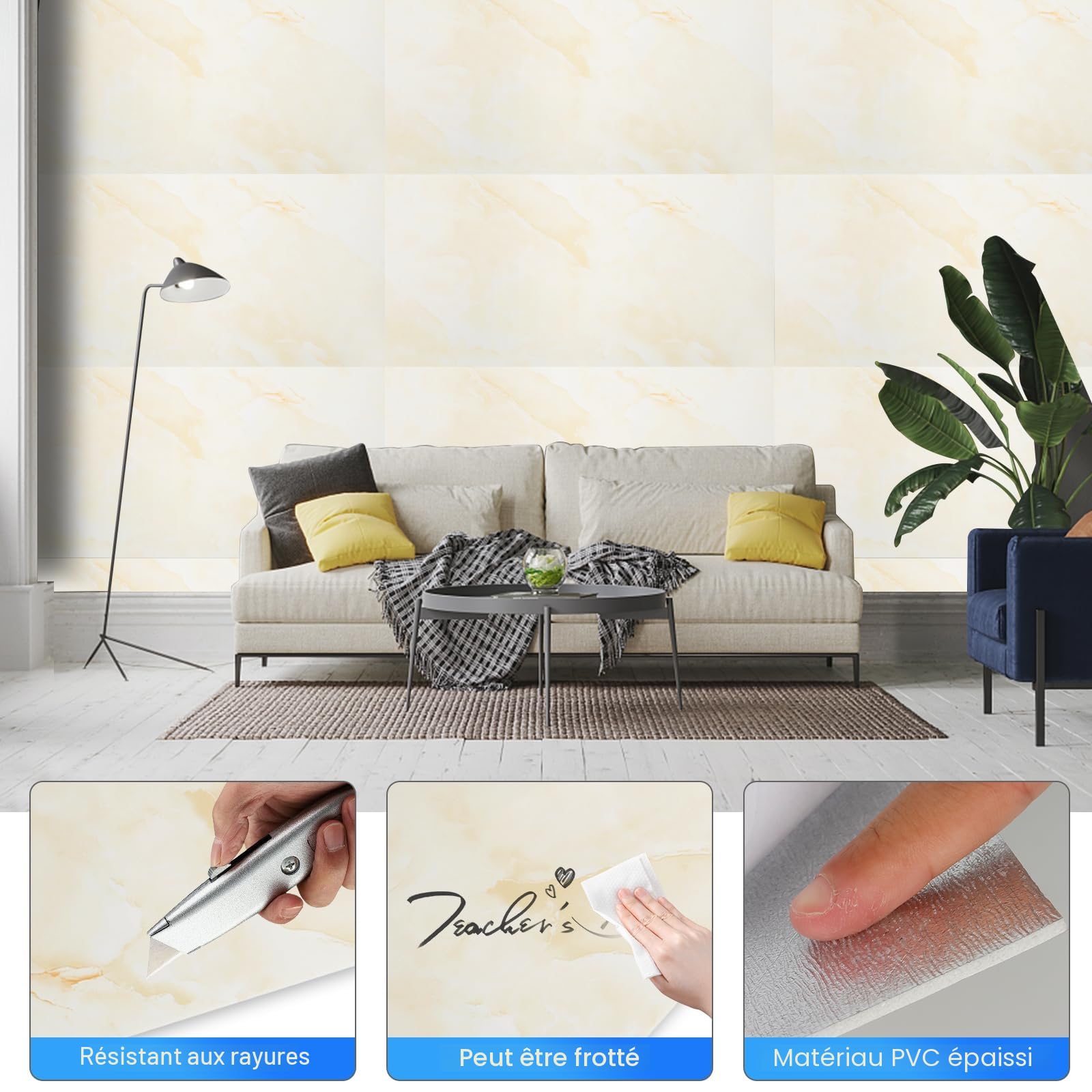Panneaux muraux design marbre, lot de 10 60 cm x 30 cm, revêtement mural autocollant, autocollants en PVC pour carrelage (Beige Slate)