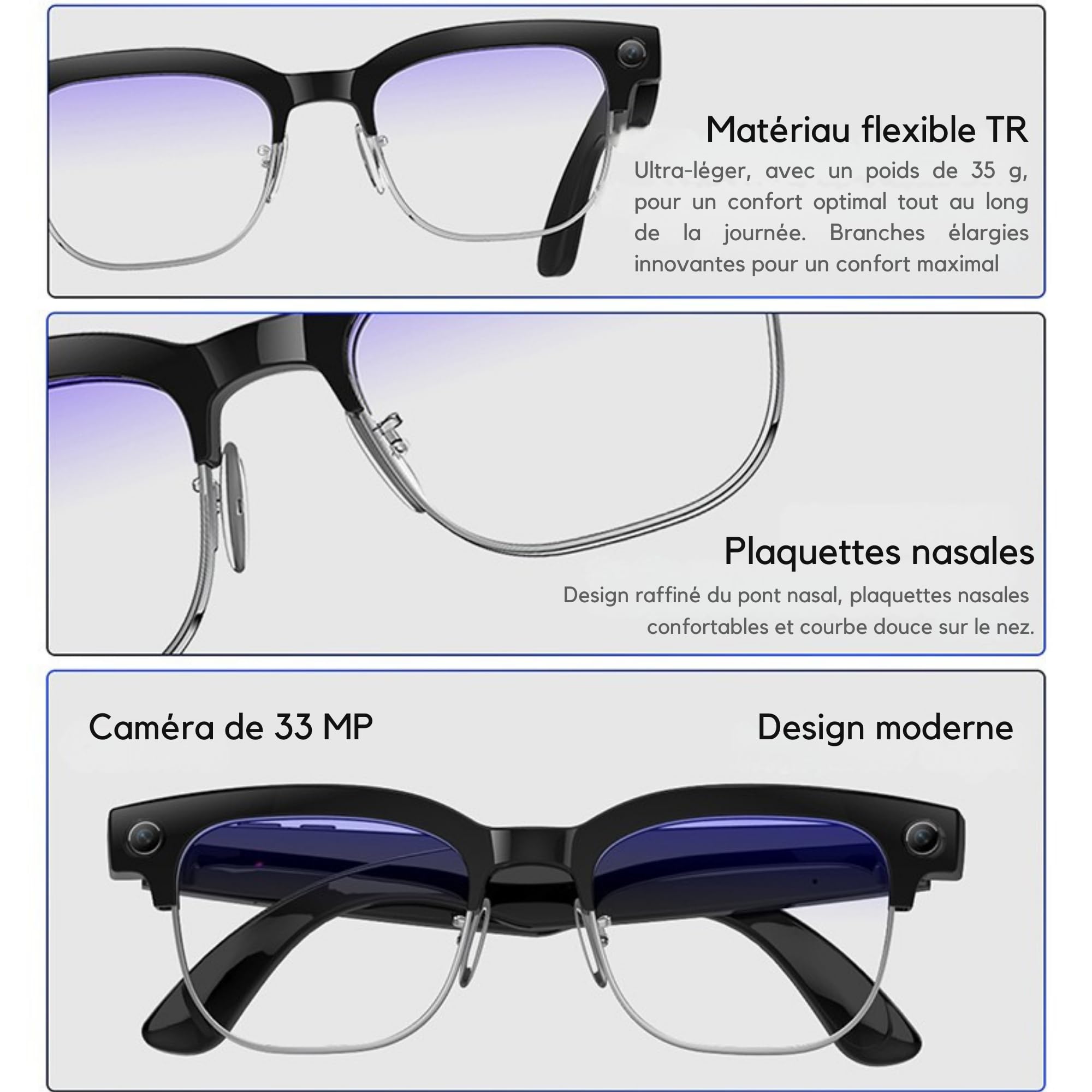 smartia Lunettes intelligentes avec Appareil Photo, modèle 2026, Application en françois, Lunettes Bluetooth Son Hi-FI, IA GPT 5 intégrées par Voix, Lunettes intelligentes photochromiques